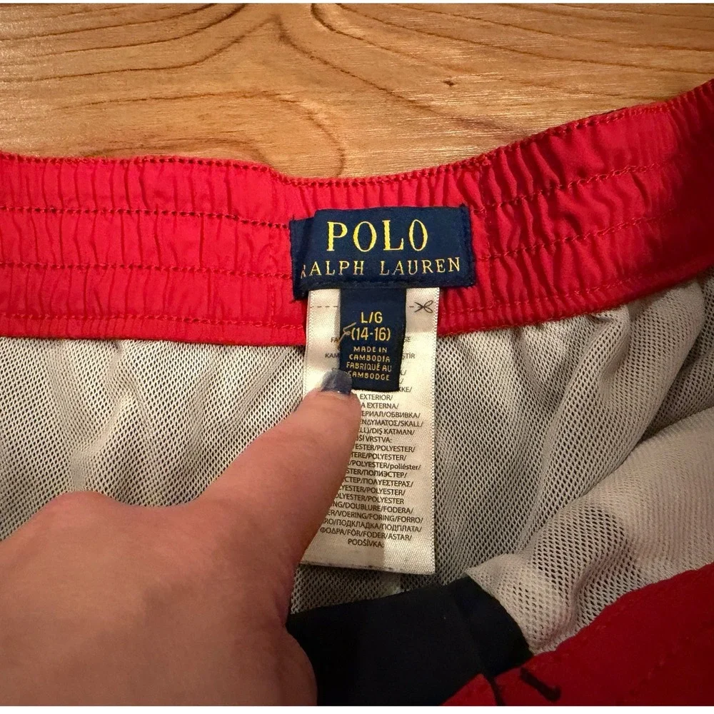Polo Ralph Lauren Kids Navy Blue Red‎ Big Pony Swim Trunks Shorts Size L 14-16